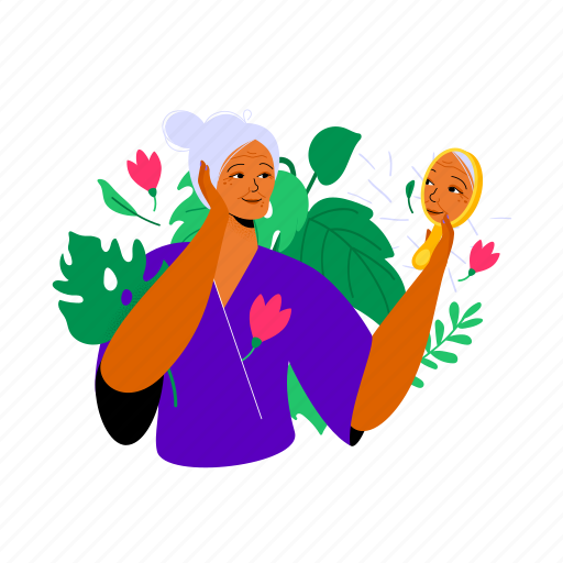 Woman, senior, beauty, mirror, elderly, skin care illustration - Download on Iconfinder