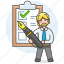 check, checklist, checkmark, clipboard, complete, employee, list, male, man, pen, task, work 