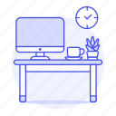 imac, computer, cup, mac, plant, desk, pot, coffee, workspace, work, pc