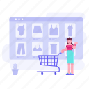 e, commerce, shopping, clothes, clothing, cart, catalogue, people
